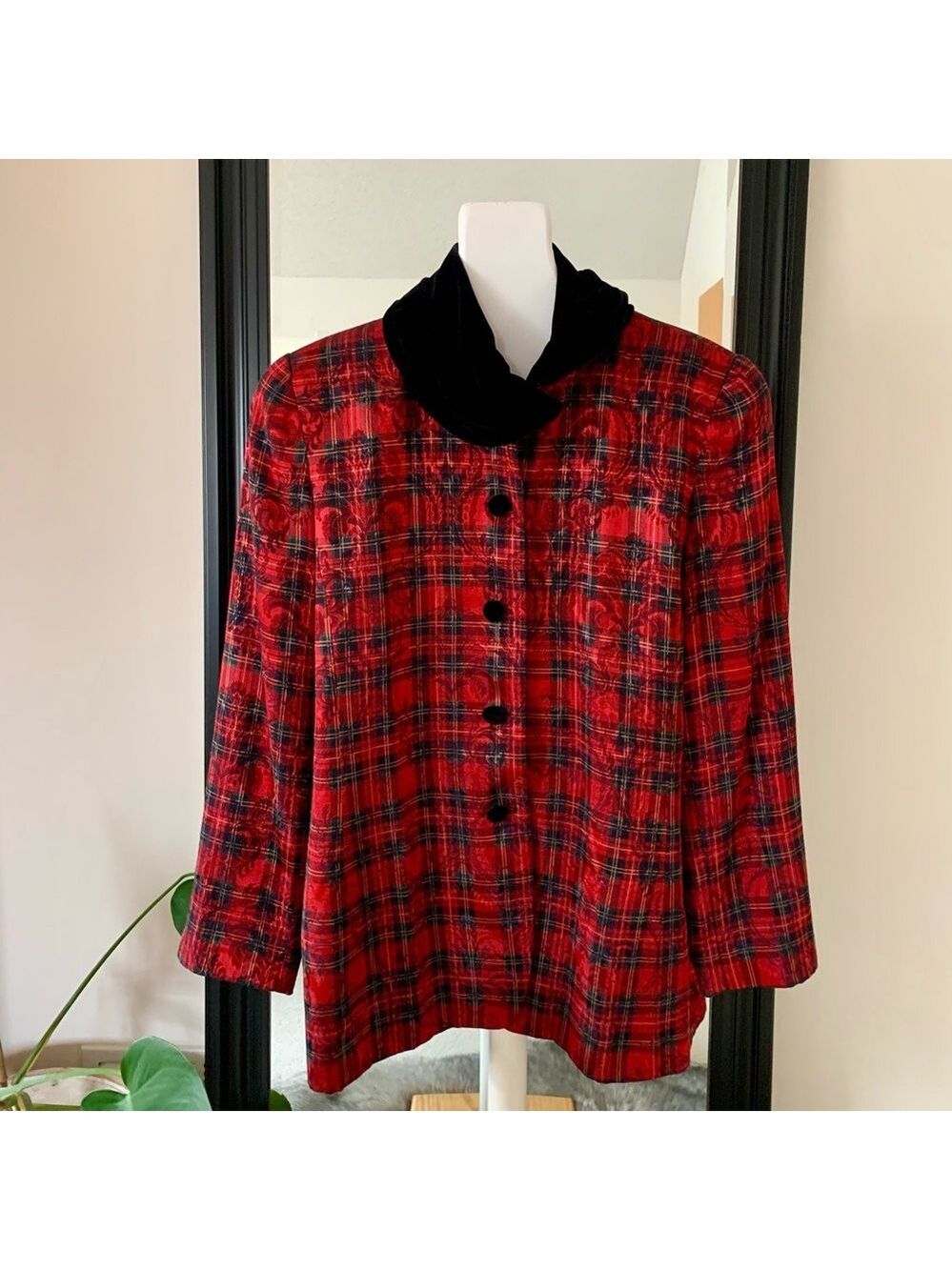 Red Plaid Long Sleeve Jacket With Black Velvet Collar & Buttons